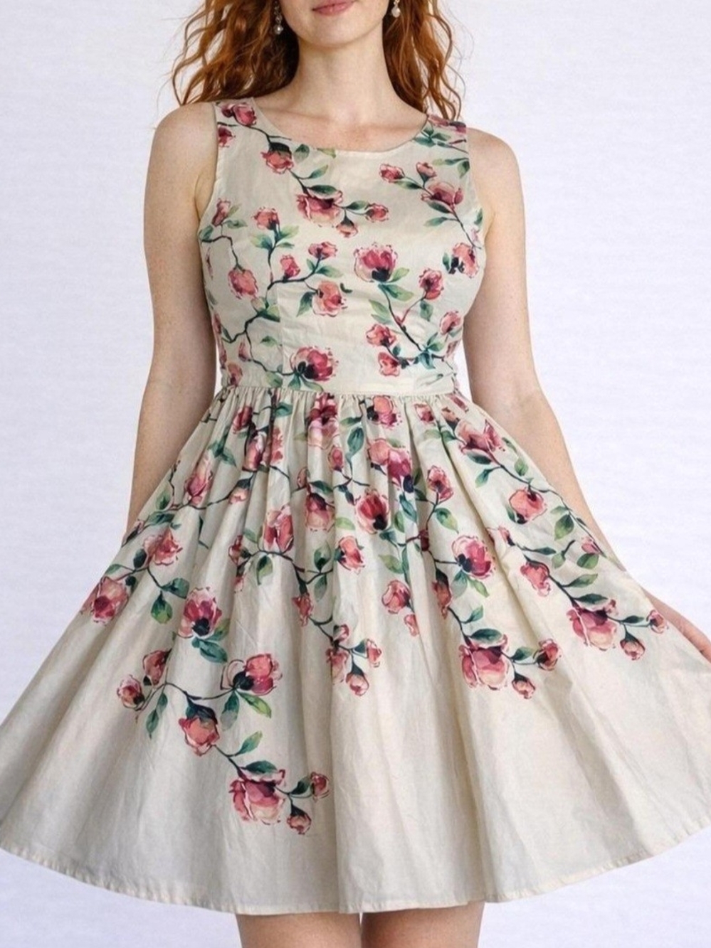 LC Lauren Conrad Cream Fit-and-Flare Dress with Pink Floral Print